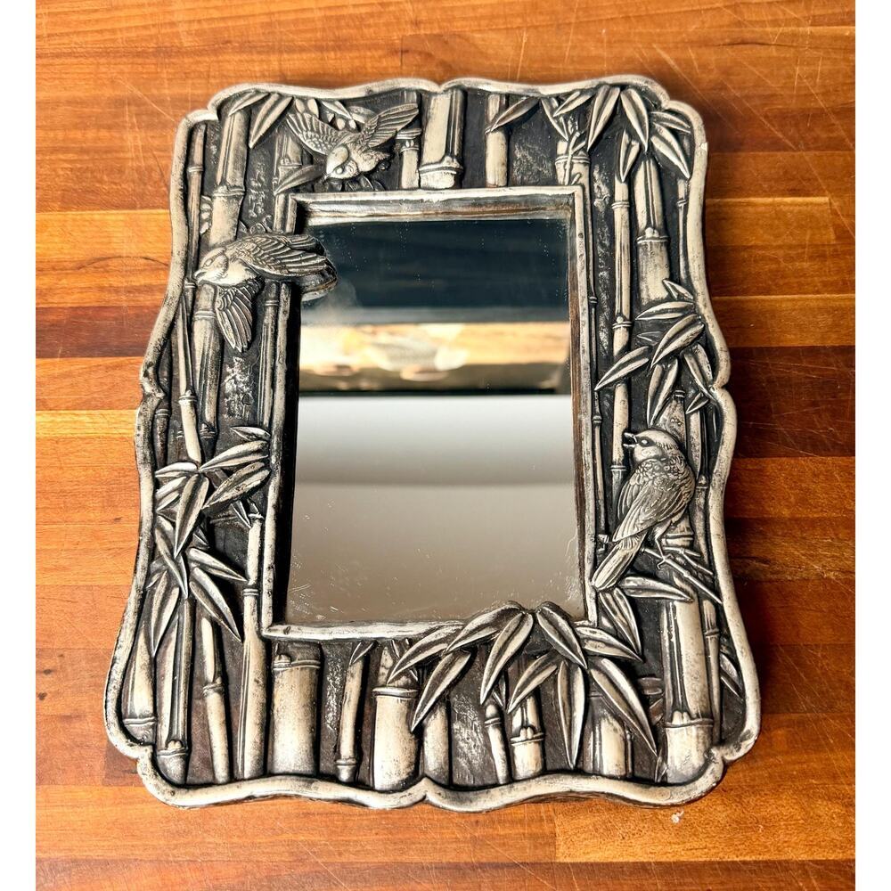 Vintage Chinoiserie Bamboo Bird Mirror | Silver Tone Hollywood Regency - Picture 10 of 16